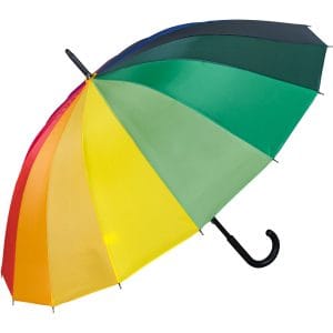 Colorful rainbow umbrella with a curved black handle for rain protection.