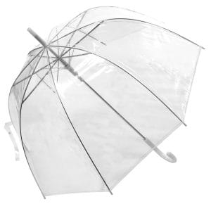 Transparent X-brella umbrella with a curved handle for rain protection.