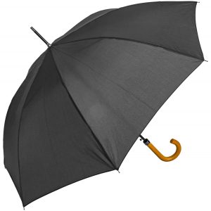Black walking umbrella with wooden handle for city use.