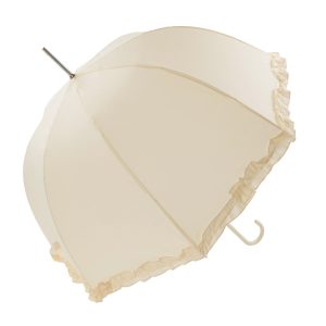 Elegant ivory wedding umbrella with ruffled edges for special occasions.
