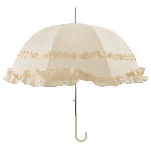 Elegant ivory wedding umbrella with frilled edges for outdoor ceremonies.
