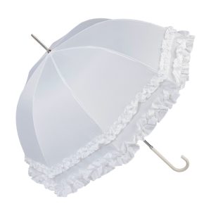 Elegant white wedding umbrella with frilled edge for special occasions.