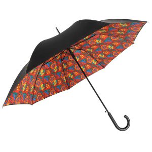 Colourful floral patterned umbrella with black canopy and curved handle.