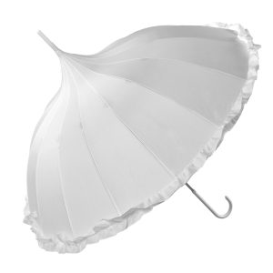 Elegant white pagoda umbrella with frilled border for special occasions.