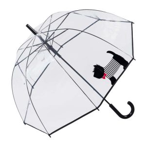 Clear umbrella with Scottish Terrier illustration and J-shaped handle.