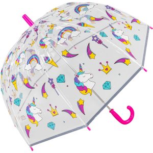 Children's unicorn umbrella with rainbow, stars, and diamonds design.