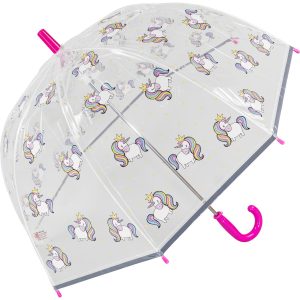 Transparent umbrella with colourful unicorn print and pink handle for kids.