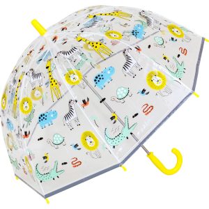 Kids umbrella with jungle animal print, colourful and fun design for children.