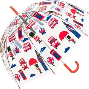 Colourful UK-themed umbrella with iconic symbols and landmarks.