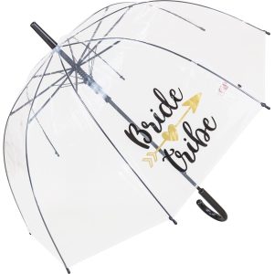 Clear dome umbrella with 'Bride Tribe' text and gold arrow design.