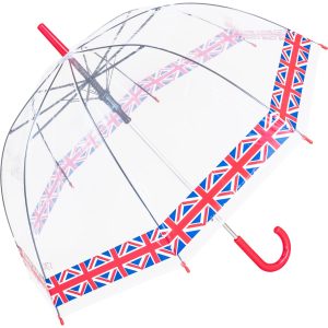 Clear dome umbrella with Union Jack border design and red handle.