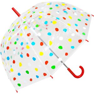 Colourful polka dot umbrella with red handle for kids and adults.
