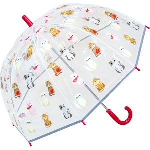 Clear dome umbrella with colourful cat print for children.