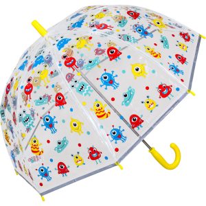 Colourful children's umbrella with monster print and clear dome design.