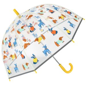 Childrens umbrella with colourful dog print and yellow handle.