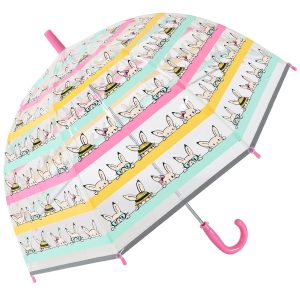 Childrens umbrella with bunny print and colourful stripes for kids.
