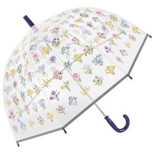 Children's floral print clear dome umbrella with purple handle.
