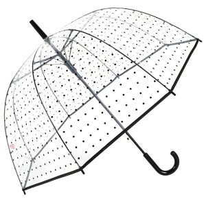 Clear dome umbrella with black polka dots and black handle for stylish protection.
