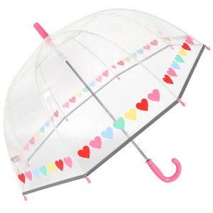 Clear children's umbrella with colourful heart pattern and pink handle.