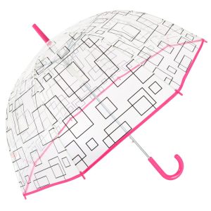 Clear dome umbrella with black geometric pattern and pink trim and handle.