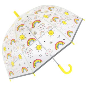 Children's clear dome umbrella with rainbow, sun, cloud, and star patterns.