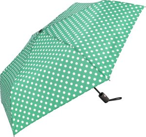 Green polka dot automatic umbrella with black handle.