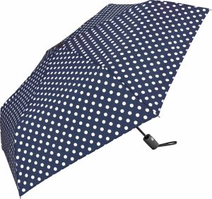 Navy blue polka dot automatic umbrella with black handle.
