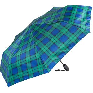Tartan umbrella with auto open and close feature in blue and green.
