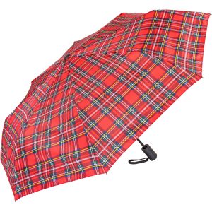 Red tartan umbrella with auto open and close feature.