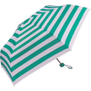 Striped green and white super light umbrella for outdoor use.