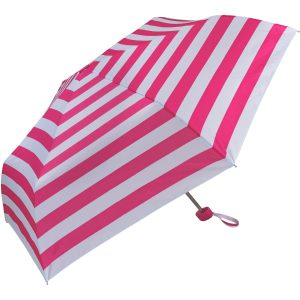 Pink and white striped compact umbrella for rain protection.