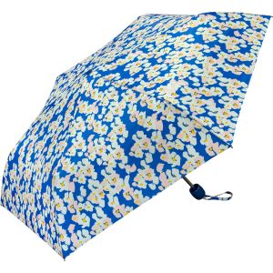 Blue floral print umbrella with compact design and matching strap.