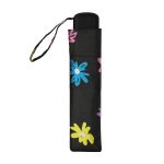 Black umbrella case with colourful floral pattern and wrist strap.