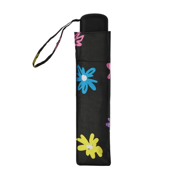 Black umbrella case with colourful floral pattern and wrist strap.