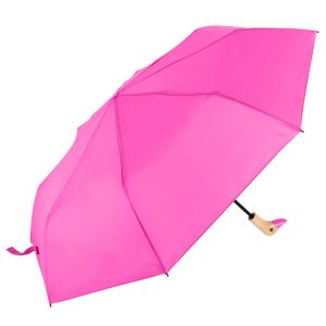 Bright pink umbrella with wooden handle for rain protection.