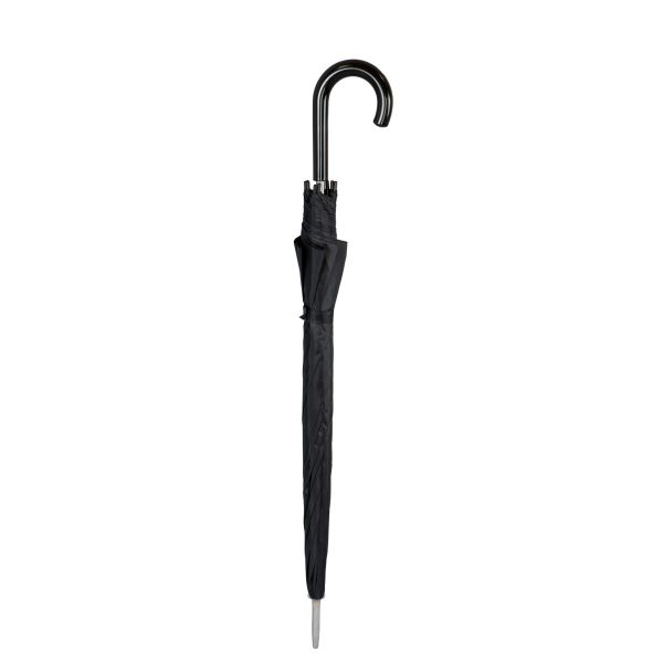 Black walking umbrella with curved handle for everyday use.