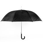 Black walking umbrella with J-shaped handle for rain protection.