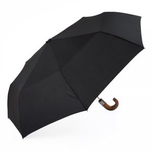 Black automatic open umbrella with wooden handle for rain protection.