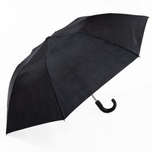 Black compact umbrella with curved handle for rain protection.