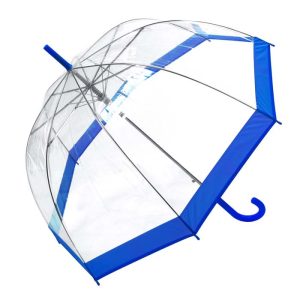 Clear dome umbrella with blue border and handle, perfect for rain protection.