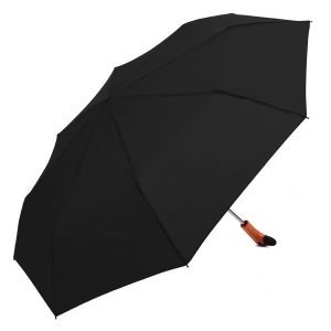 Black umbrella with wooden handle for rain protection.