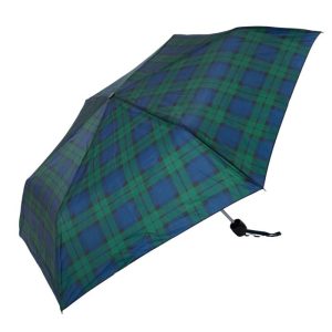 Tartan umbrella with green and blue pattern, compact and portable design.