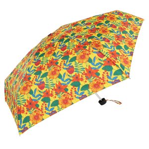 Colourful floral umbrella with yellow, orange, and green pattern for UK market.
