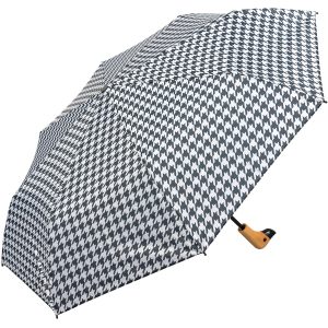 Black and white houndstooth umbrella with wooden handle.