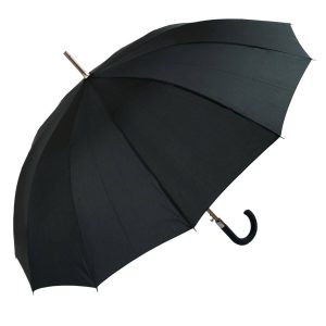 Black walking umbrella with curved handle for men.