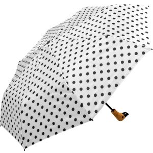 Black and white polka dot umbrella with wooden handle.