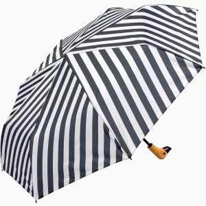 Black and white striped umbrella with duck head handle for stylish protection.